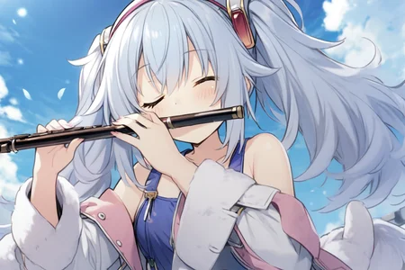 1girl,tsunako, totoki86,
laffey \(azur lane\),playing flute, flute,blue sky, from below, head down, one eye closed, <lora:fluteSY:1>
