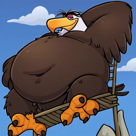 Might Eagle, brown feathers, feathers, bird, eagle, purple eyelids, feathered hands, big feathered hands, bird tail, winged arms, white head, white head feathers, feathered head, tired, eyebags, small pupils, white sclera, large eyebrows, large beak, long yellow beak, short legs, large feet, talons, obese, big belly, posing, outside, blue sky, clouds, sunny, sitting down, arm behind head, smirking, horny, low-angle, navel, moobs, love handles, ((solo))