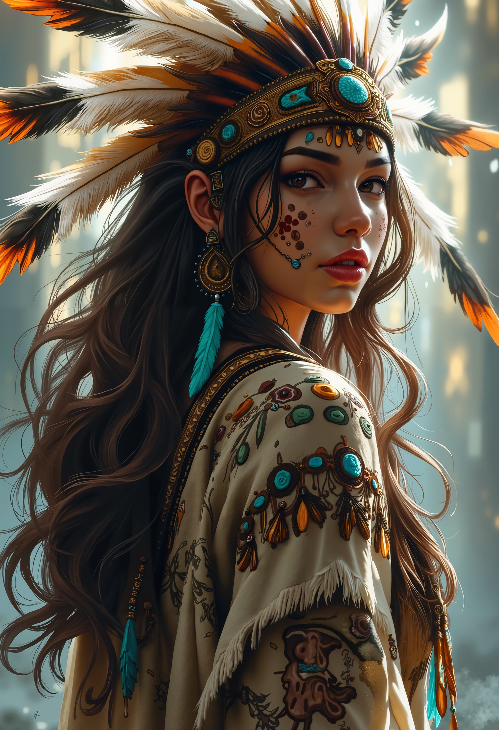 bo-neon, bo-abyss, A detailed digital artwork depicts a female figure wearing a traditional Native American headdress. The headdress is intricately designed with feathers, beads, and a circular emblem. Her long, wavy brown hair flows down her back. She wears a richly decorated outfit with intricate patterns and beadwork in shades of brown, turquoise, and gold. The background is a blend of soft, ethereal light and shadow, creating a dreamy atmosphere. The artwork's style resembles fantasy or digital art, emphasizing intricate details and a rich color palette.<lora:boFLUX Abyss Neon.safetensors:0.8:0.8> <lora:Flux\boFLUX digital-abyss.safetensors:1.2:1.2>