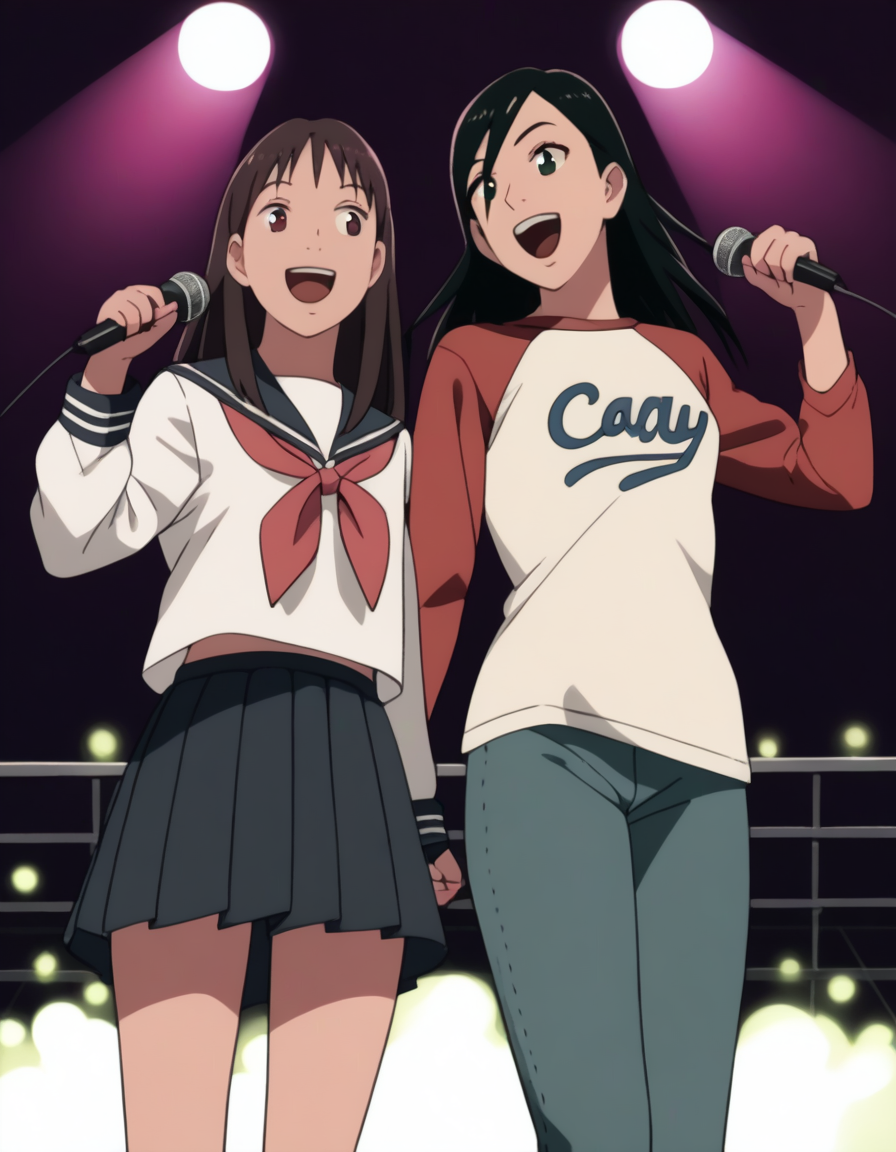 score_9,  score_8_up, score_7_up, source_anime, <lora:izumi-maho-koyuki-ponyxl:0.5> 2girls, singing, stage BREAK
ishiguroizumi, serafuku BREAK
minamimaho, raglan sleeves, pants