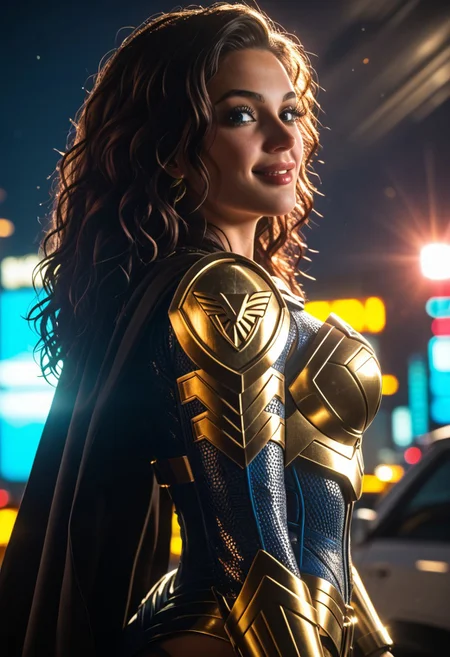 From a Distance Full Thick Muscular Body Powerful Wonder Woman outfit, Distant View Realistic Photography, holographic cloth as if it was drawn by a wire form CAD system showing accurate geometric contours to curved surfaces, Ground Level camera view below, Perfect hand, glowing fractal patterns in the cloth, Futuristic, Wonder Woman, Huge Black Curly Hair, Gorgeous Face Smiling, Big Grinning Smile, Long Hair, Distant Vibrant Colors Full body Powerful Female Wonder Woman, Mecharmor, Tactical Body Armor outfit with Cape, glowing fractal patterns in the cloth, Vibrant Colors cyborg Powerful beautiful Female, Wonder Woman exosuit, mech, Power Armor, Action Dynamic Action Combat Pose, futuristic, (off-center composition, left aligned, Portrait), old Powerful cyborg, battle worn, Tactical Bulky Power Armor, Sword and Shield, high detailed Eyes, High detailed face, gothic Neon Cyberpunk Cityscape, cinematic film still glamorous photo dark art by Rafael Zabaleta, expressionism art by Asger Jorn, vibrant, Abstract expressionism, experimental painting techniques, bold bright colors, dynamic compositions, Expressionism, Neon Night City Cyberpunk Cityscapes, emotive brushwork, brilliant tones, dramatic lighting, introspective themes. high fashion, luxurious, extravagant, stylish, sensual, opulent, elegance, stunning beauty, professional, high contrast, detailed. shallow depth of field, vignette, highly detailed, high budget, bokeh, cinemascope, epic, film grain, grainy