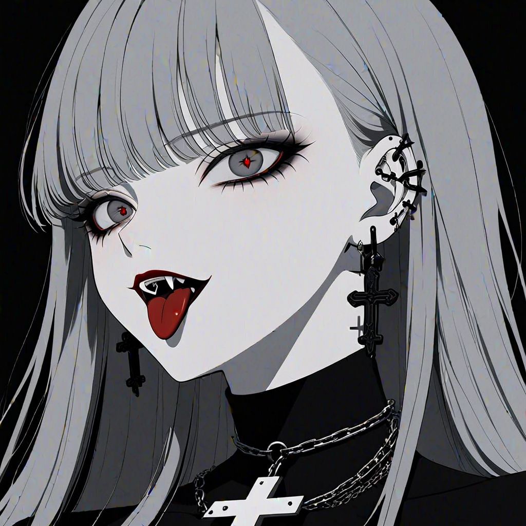 1girl, bangs, black background, chain, cross, earrings, grey eyes, jewelry, long hair, open mouth, piercing, red lips, simple background, solo, teeth, tongue, tongue out
