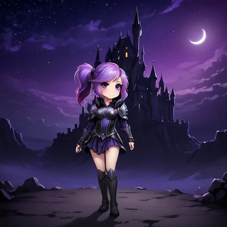 1girl, solo, chibi, full body, darklux, night sky, purple and black mists,  castle town <lora:Elementalist_Lux_Dark:1>