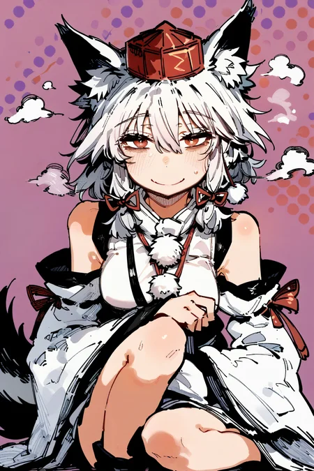 score_9, score_8_up, score_7_up, touhou, inubashiri momiji, animal ears, detached sleeves, hat, red hat, tokin hat, white hair, white sleeves, wolf ears, wolf girl, solo, solo focus, portrait, lavender background, Sitting with legs folded to one side, hands resting on the knees, <lora:karasu_raven:1.5>, monochromeâââ