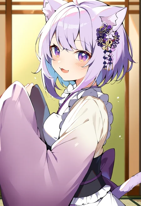 score_9, score_8_up, score_7_up, score_6_up, source anime,
nekomata okayu, nekomata okayu newyear, japanese clothes, kimono, white apron, purple kimono, hair flower, long sleeves, maid, wa maid, sleeves past wrists, frilled apron, purple sleeves,
official alternate costume, 1girl, solo, cat tail,
blush, looking at viewer, smile, open mouth,
indoors, shouji, tatami,
from side , upper body
<lora:nekomata_okayu_v2:1>