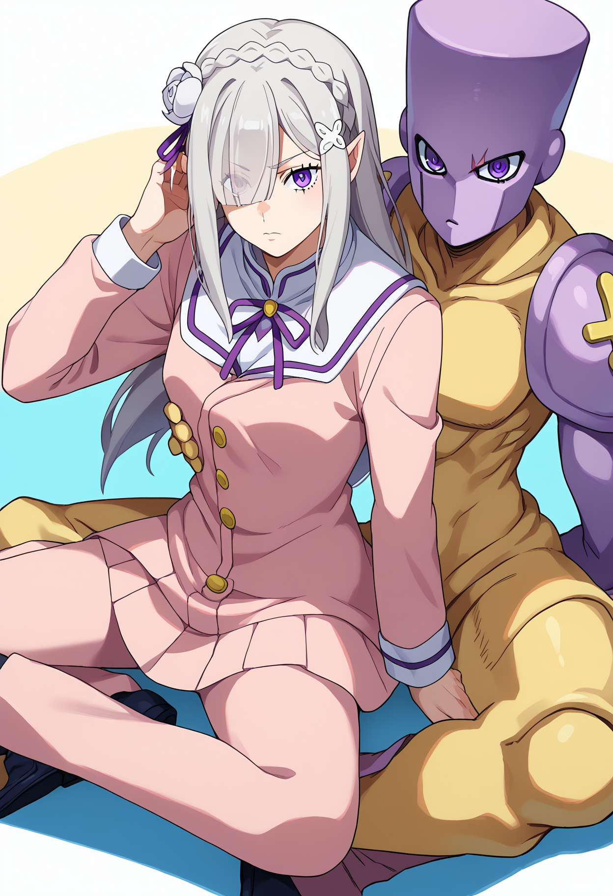 score_9, score_8_up, score_7_up, source_anime,
BREAK
<lora:shiEmiliaV2:0.8> shimilia, long hair, grey hair, purple eyes, pointy ears, crown braid, hair flower, hair ribbon, purple ribbon, x hair ornament, eyes visible through hair, 
sitting, looking at viewer, jojo pose,   
adjusting clothes, gakuran, armor, adjusting headwear, hat over one eye, school uniform, scar, 
BREAK
<lora:shiJojoStandV2:1.1>, shijojostand, stand \(jojo\), 1other,