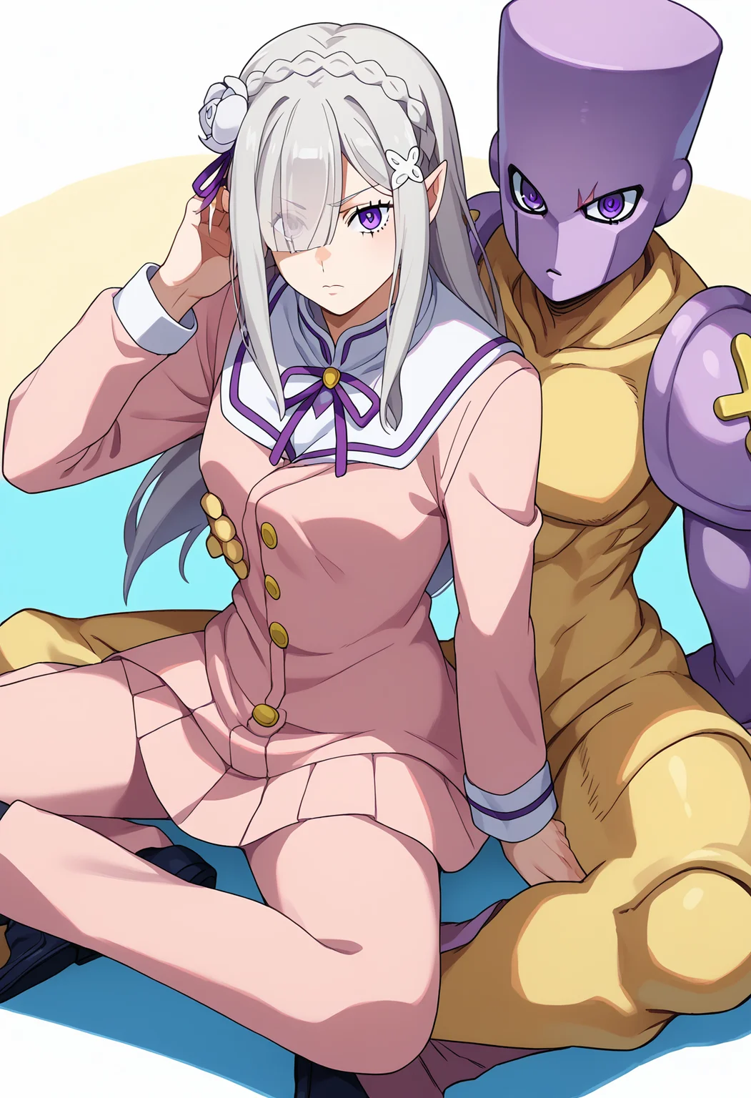 score_9, score_8_up, score_7_up, source_anime,
BREAK
<lora:shiEmiliaV2:0.8> shimilia, long hair, grey hair, purple eyes, pointy ears, crown braid, hair flower, hair ribbon, purple ribbon, x hair ornament, eyes visible through hair,
sitting, looking at viewer, jojo pose,
adjusting clothes, gakuran, armor, adjusting headwear, hat over one eye, school uniform, scar,
BREAK
<lora:shiJojoStandV2:1.1>, shijojostand, stand \(jojo\), 1other,