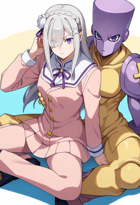 score_9, score_8_up, score_7_up, source_anime,
BREAK
<lora:shiEmiliaV2:0.8> shimilia, long hair, grey hair, purple eyes, pointy ears, crown braid, hair flower, hair ribbon, purple ribbon, x hair ornament, eyes visible through hair,
sitting, looking at viewer, jojo pose,
adjusting clothes, gakuran, armor, adjusting headwear, hat over one eye, school uniform, scar,
BREAK
<lora:shiJojoStandV2:1.1>, shijojostand, stand \(jojo\), 1other,