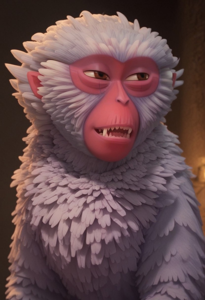 1girl, furry, female japanese macaque, ape, primate girl, anthro, white fur, dark pink skin, pink ears, brown eyes, grey hands, grey feet, Expressiveh, realistic, 3d, score_8_up, score_7_up, BREAK, 1girl, solo, closeup, looking away, evil look, fangs, teeth out, evil smile