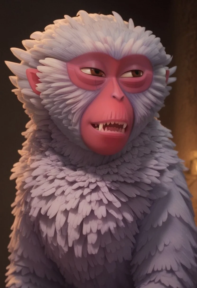 1girl, furry, female japanese macaque, ape, primate girl, anthro, white fur, dark pink skin, pink ears, brown eyes, grey hands, grey feet, Expressiveh, realistic, 3d, score_8_up, score_7_up, BREAK, 1girl, solo, closeup, looking away, evil look, fangs, teeth out, evil smile
