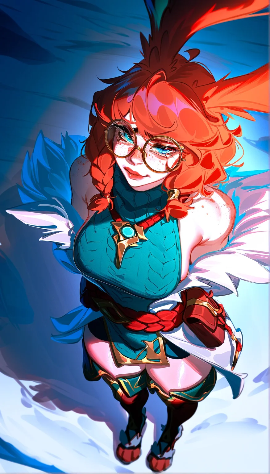 masterpiece, momofuki rio,(rolua:1.2),obj shep, scenery, 1girl, aurora \(league of legends\), league of legends, freckles, blush,embarrassed,blue eyes, glasses,black-framed eyewear,round eyewear, looking at viewer, half closed eyes,lips, (pout, puckered lips, closed mouth, :o:0.6),breasts, short hair, bangs, from above, prespective, brown hair, thighhighs, long sleeves,dress, animal ears, bare shoulders,hands behind back, jewelry, medium breasts, full body, braid, boots, detached sleeves, elbow gloves, puffy sleeves, belt, medium hair, orange hair, rabbit ears, bracelet, sweater, zettai ryouiki, fur trim, turtleneck, thigh boots, upper brown footwear, short dress, rope, curly hair, pouch, brown belt, toeless legwear,belt pouch,