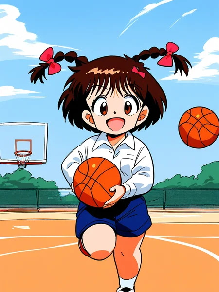 score_9, score_8_up, score_7_up, source_anime, rating_explicit, BREAK <lora:Shinba_Kurumi_XL:1>Shinba_Kurumi, brown hair, brown eyes, twin braids, hair bow, short hair, short stack, 
1girl, solo, smile, shorts, shirt, bow, collared shirt, long sleeves, closed mouth,  bangs,  standing, bag, open mouth,
sky, day, basketball, ground,