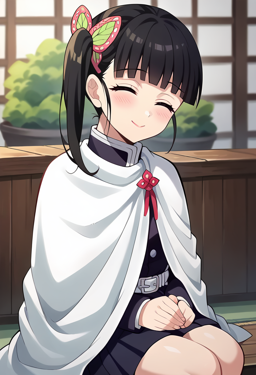 score_9, score_8_up, score_7_up, source_anime, masterpiece, 1girl, ct_k4n4o, black uniform, black skirt, pleated skirt, white cloak, red ribbon, white belt, long sleeves, indoors, depth of field, sitting, closed eyes, smile, head tilt, blush, looking at viewer, shiny hair, shiny skin, <lora:Kanao_Tsuyuri_ct:0.9>