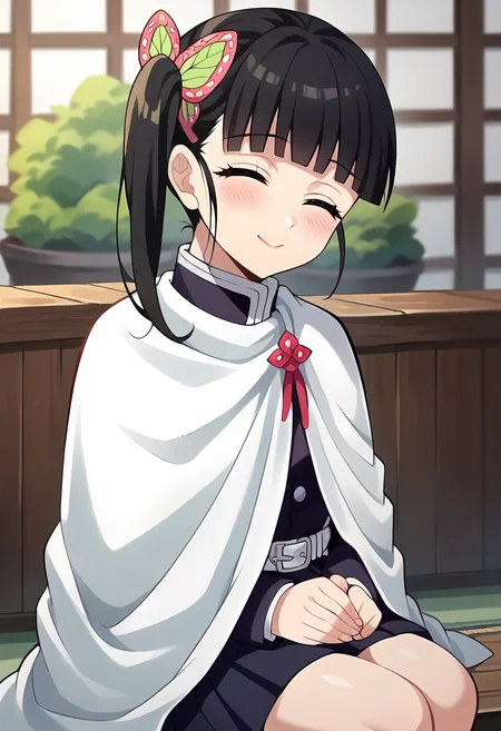 score_9, score_8_up, score_7_up, source_anime, masterpiece, 1girl, ct_k4n4o, black uniform, black skirt, pleated skirt, white cloak, red ribbon, white belt, long sleeves, indoors, depth of field, sitting, closed eyes, smile, head tilt, blush, looking at viewer, shiny hair, shiny skin, <lora:Kanao_Tsuyuri_ct:0.9>
