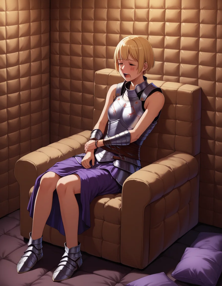 1girl,ameliamaid.sitting,Very short hair,blonde hair,armor,sleeveless,dress,bracelet,jewelry,in pain,on overstuffed armchair,cushions,crying,in padded room,padded walls, <lora:AmeliaMaidXL:0.9>