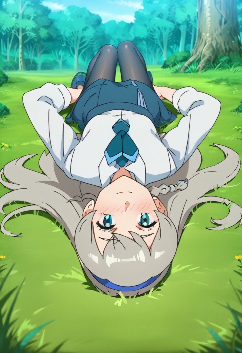 score_9, score_8, score_7_up, source_anime, anime_coloring, anime_screenshot, highres, rating_quesitionable
PKMNRegina, 1girl, long hair, grey hair, bangs, braid, side braid, single braid, hairband, blue hairband, blue eyes, white shirt, collared shirt, school uniform, necktie, blue necktie, long sleeves, skirt, blue skirt, pantyhose, shoes, blue footwear,
solo, full body, (lying on grass), on back, arms behind head, seductive smile, looking at viewer, naughty face, nose blush, forest, tree