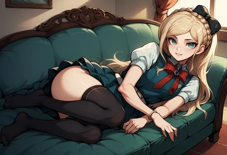 score_9, score_8_up, score_7_up, source_anime, 1girl, looking at viewer, lying, on side, seductive smile, arm support, BREAK <lora:SoniaDR-pdxl:1> defSonia, long hair, crown braid, hair bow, black bow, pinafore dress, medium breasts, red bowtie, puffy short sleeves, white belt, bracelet, thighhighs, no shoes, indoors, couch