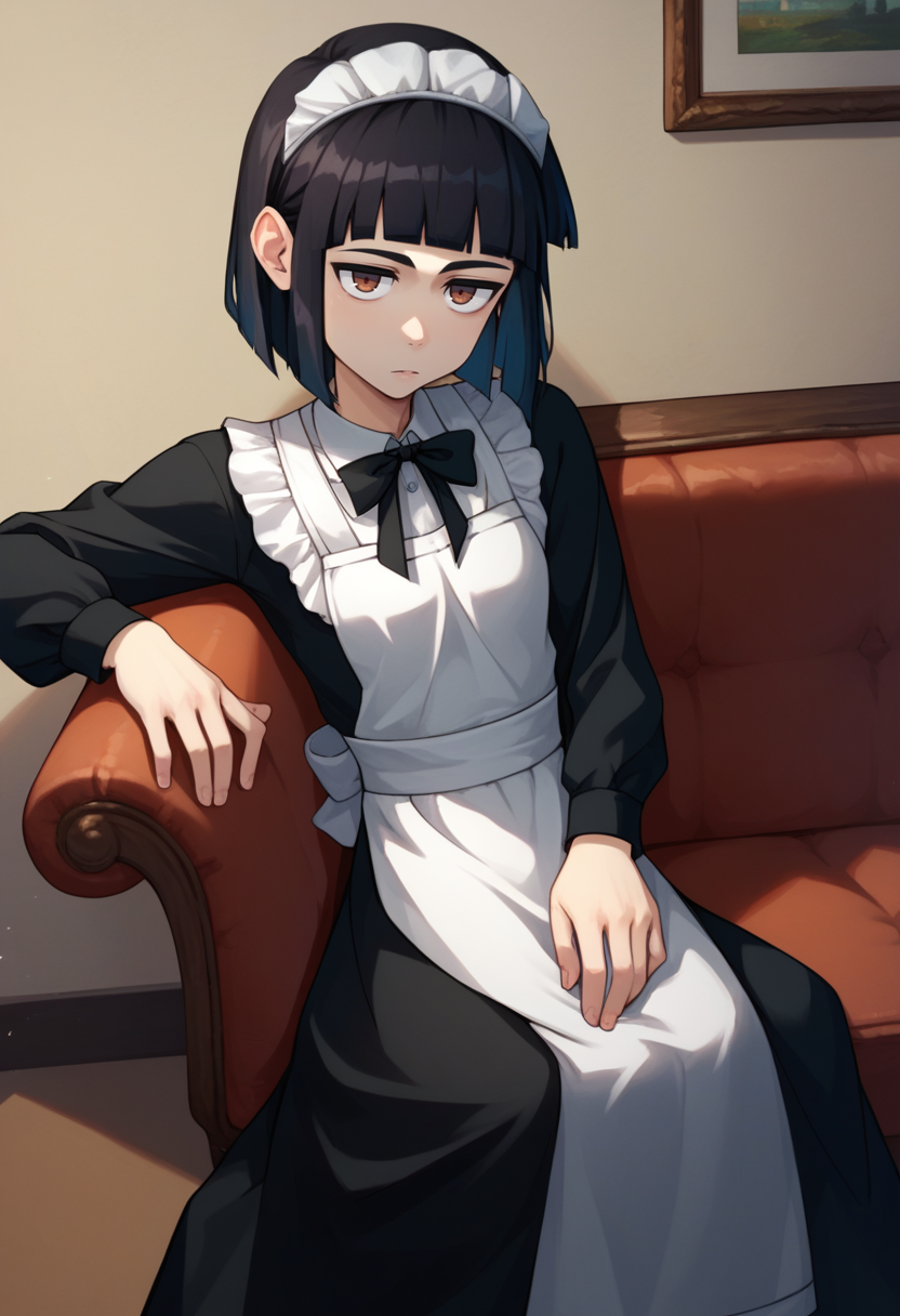 score_9, score_8_up, score_7_up, 1girl, solo,  Abbey, black hair, brown eyes, bob cut, hairband, black bow, black dress, white apron, long sleeves, sitting, couch,  <lora:Abbey 7_1-000013:1>