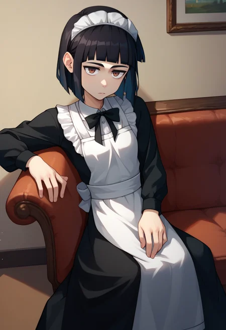 score_9, score_8_up, score_7_up, 1girl, solo, Abbey, black hair, brown eyes, bob cut, hairband, black bow, black dress, white apron, long sleeves, sitting, couch, <lora:Abbey 7_1-000013:1>