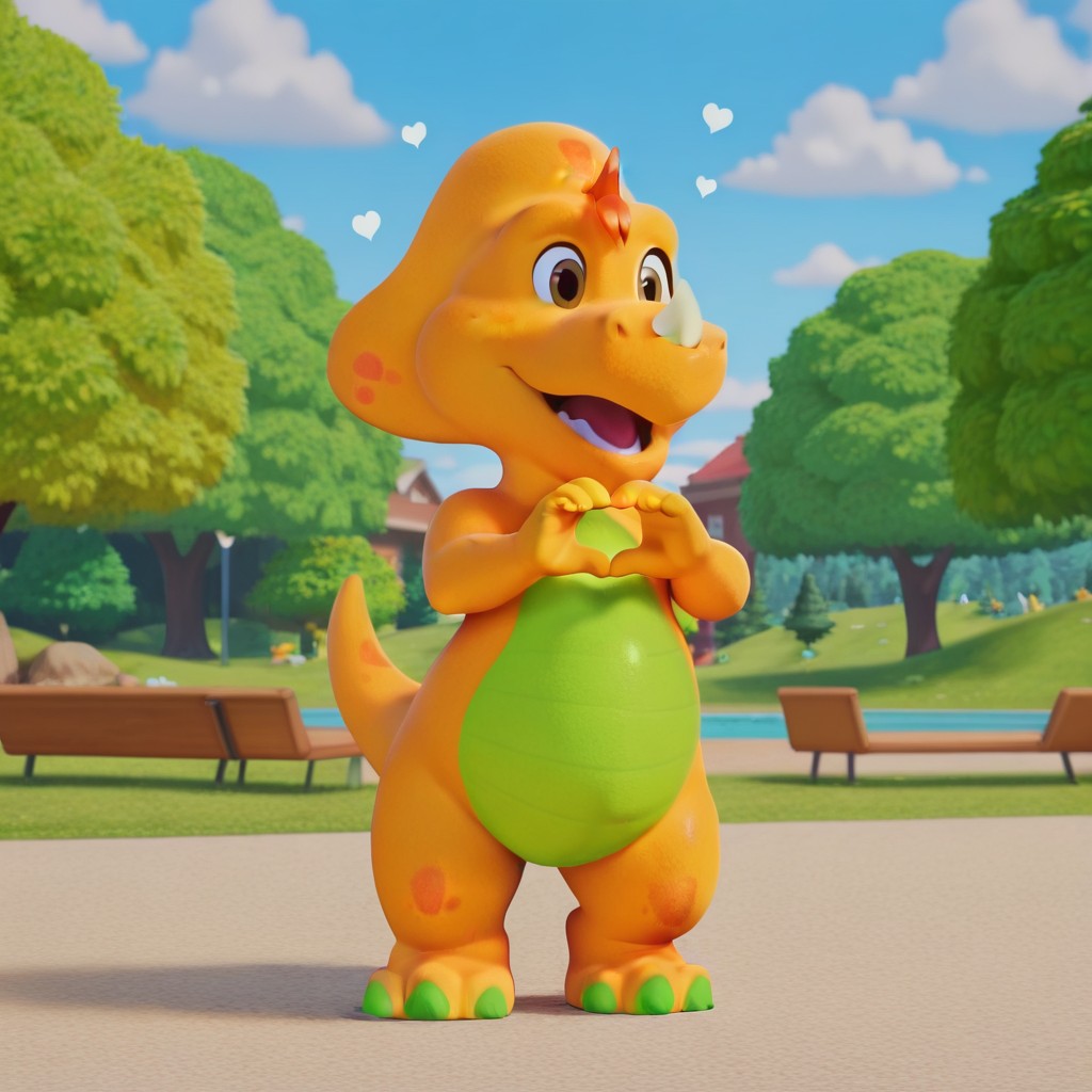 masterpiece, best quality, amazing quality, billybwil, semi-anthro, male, dinosaur, yellow skin, orange hair tuft, brown eyes, nose horn, outdoors, no humans, solo, day, sky, heart hands, cloud, tree, open mouth,  blue sky, standing, full body, standing, , <lora:2f9734d5-2f84-452d-9302-4f7b9e89f81c:1.0>