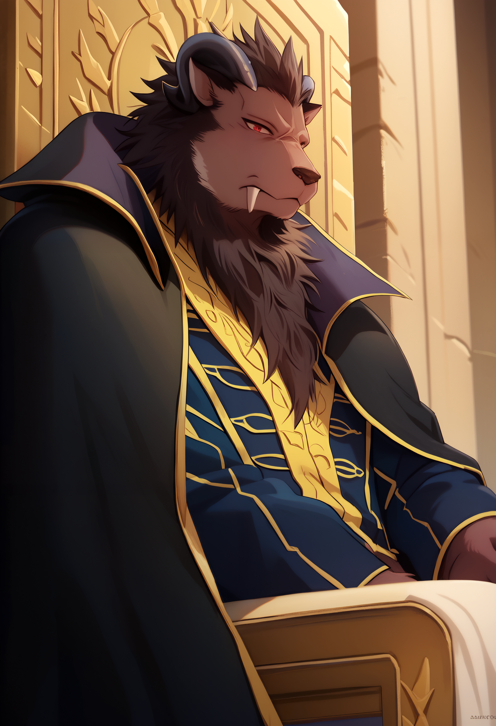 score_9, score_8_up, score_7_up, 8k, detailed design, detailed background, detailed characters, masterpiece, anthro only, furry only, 1boy, solo, l30nh4rt, bara, black cape, blue tunic,   close up, side angle, throne, sitting,