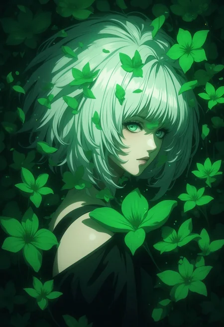 An Acrylic style painting that is expressive, gives it a dynamic and emotional quality. Anime art of a stylized portrait of a woman with a ethereal green mist over her eyes. The mist creates a dramatic and surreal effect. The woman has a cold aesthetic, complimented by her white hair. Anime art of woman draped in shadows with a lighting that enhances her unique features.
The background is dark green, filled with green flower petals.