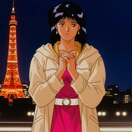 masterpiece, best quality, anime screenshot, 1990s (style), retro artstyle, 1girl, solo, mature woman, masana19, medium hair, black hair, closed mouth, light smile, earrings, white coat, hoodie, pink dress, white belt, breasts, own hands together, own hands clapsed, night, outdoor, standing, building, tokyo tower, lights,