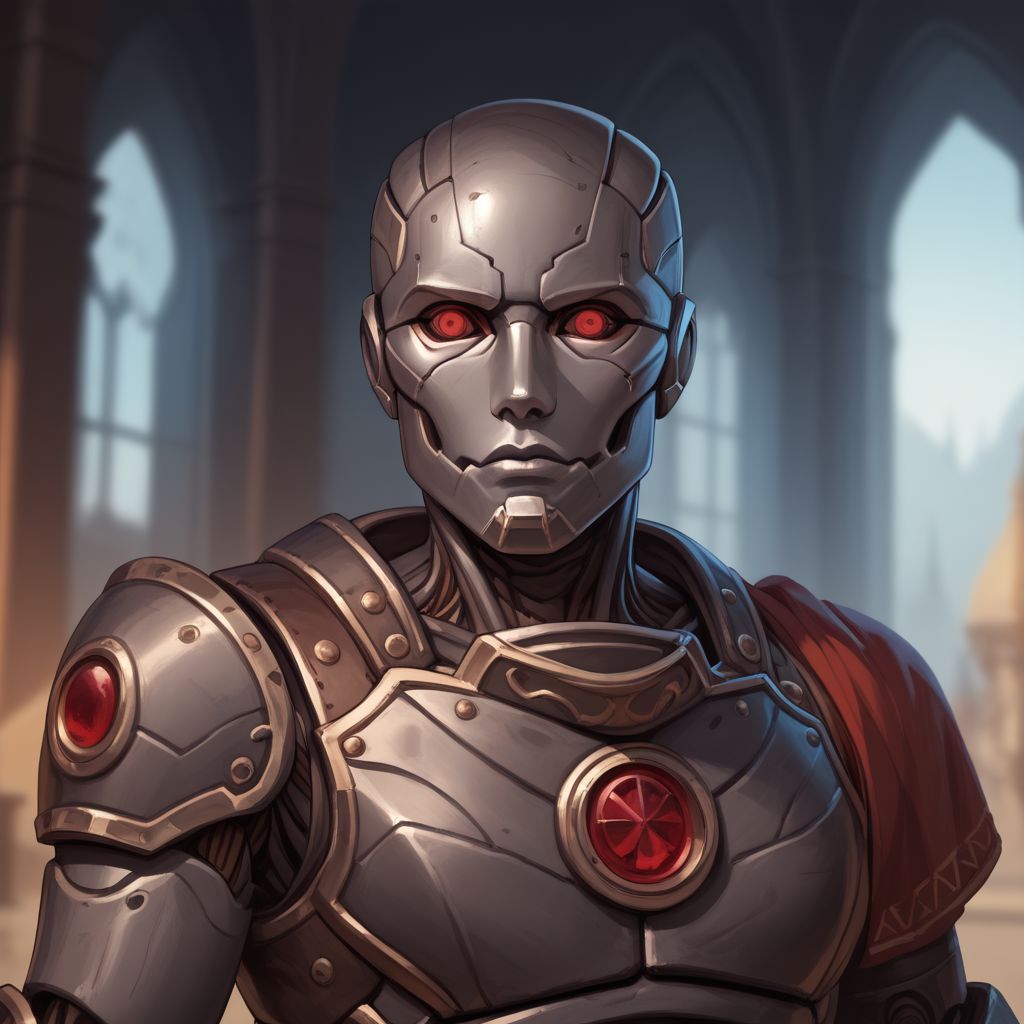 score_9, score_8_up, 8, score_7_up, score_6_up, ((masterpiece)), portrair, 
warforged, metal body, robot, 1boy, red eyes, black metal,
fantasy background, blurred background