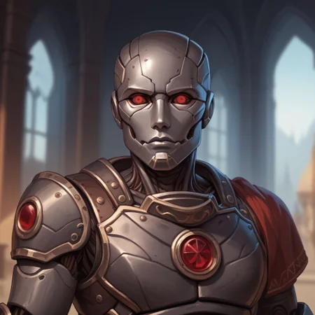 score_9, score_8_up, 8, score_7_up, score_6_up, ((masterpiece)), portrair, 
warforged, metal body, robot, 1boy, red eyes, black metal,
fantasy background, blurred background