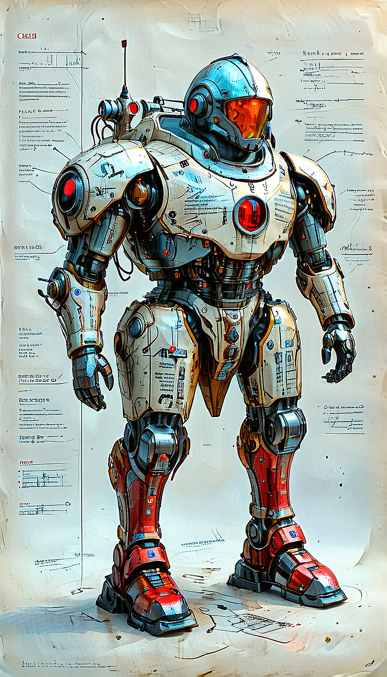 (cel-shading:2)+, (in ARTIST style:1.6), (masterpiece:1.7), night, glow neon, hyperrealism, glossy, shinny, clear image, accurate picture, clear picture, precise image, focused image,
An illustrated medieval old worn page ParchmenÐµ of (mecha knight, science fiction, standing, Walking vehicle, red paint), made with ingredients including: (mechanical legs, antenna, parts, wires), text is Old English and Gothic, parchment page, intricate details, muted colors, high resolution, best quality, fantasy vibe (ultra sharp focus:2), (detailed windows:2), (thin lines:2), (best quality:1.8),
<lora:MJ52:0.8> <lora:ParchartXL_CODA:1>,
<lora:add-detail-xl:1> (ultra sharp focus:1.8), (detailed skin:1.8), (thin lines:1.8), (best quality:1.8),
<lora:Apparatus_-_Traction_City_Walkers_Vehicles:0.7>, <lora:Someplastic_b:0.6>,
<lora:glowneon_xl_v1:0.6>