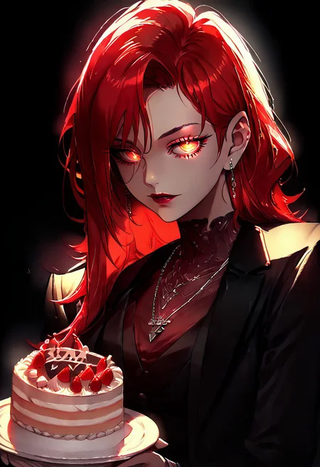 <lora:KuroCAT_Style:1>,  zzHoldingCake, high resolution, highly detailed, perfect lighting, beautiful detailed eyes,   upper body, black background, 1girl, solo, looking at viewer,   necklace, black jacket, formal, suit, black background, red lips, hair behind ear, long red hair,