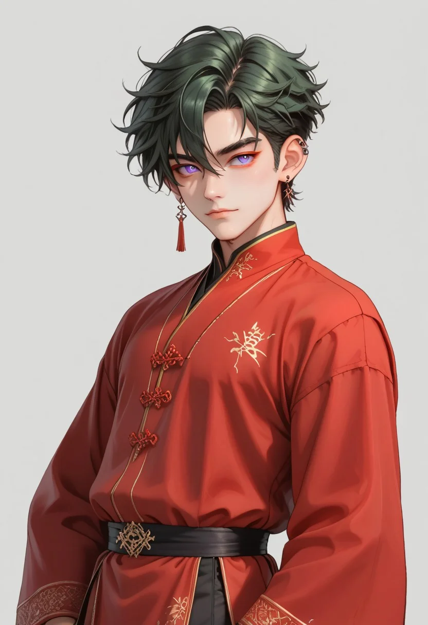 score_9, score_8_up, score_7_up, rating safe, 8k portrait, 1 boy,solo, full body, cowboy_shot, male focus, AntherimA, purple circular eyes, slit pupils, dark green hair, hair between eyes, asymmetrical hair parting, light_red_eyeshadow, ((1_earstud_left_side)), 20 years old, stoic pose, chinese_royal, chinese_clothing, dynamic pose, long large sleeves, red clothing, black_waistband, long flowing fabrics,layered clothing , black nail varnish, highly detailed, professional photography, masterpiece, (finely detailed beautiful eyes: 1.2), hdr, black_background
