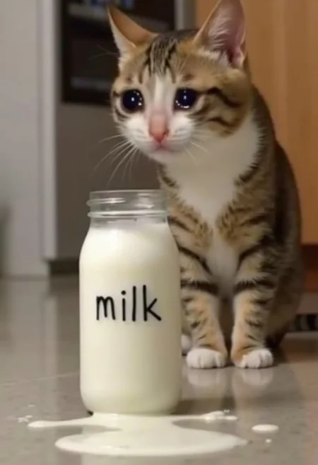 realistic photo of crying cat looking at a jar of milk that is on its side, the jar of milk is spilling onto the floor, the cat is sitting on the floor, shallow depth of field, kitchen in background, incredibly detailed, hyperrealistic digital photo, crying, tears, the jar of milk is labled "milk"