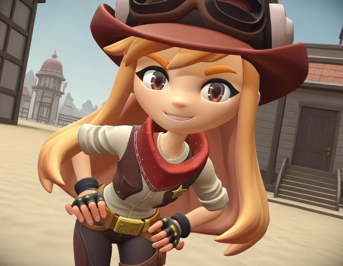 score_9, score_8_up, score_7_up, source_anime,
meggyspletzer, <lora:meggy-spletzer-ponyxl-lora-nochekaiser:1>,
meggy spletzer, long hair, blonde hair, brown eyes, 3d,
gloves, hat, pants, fingerless gloves, eyewear on head, cowboy hat, cowboy western,
outdoors, dessert, hands on hips, smile, bent over,
looking at viewer, cowboy shot, dutch angle, solo,