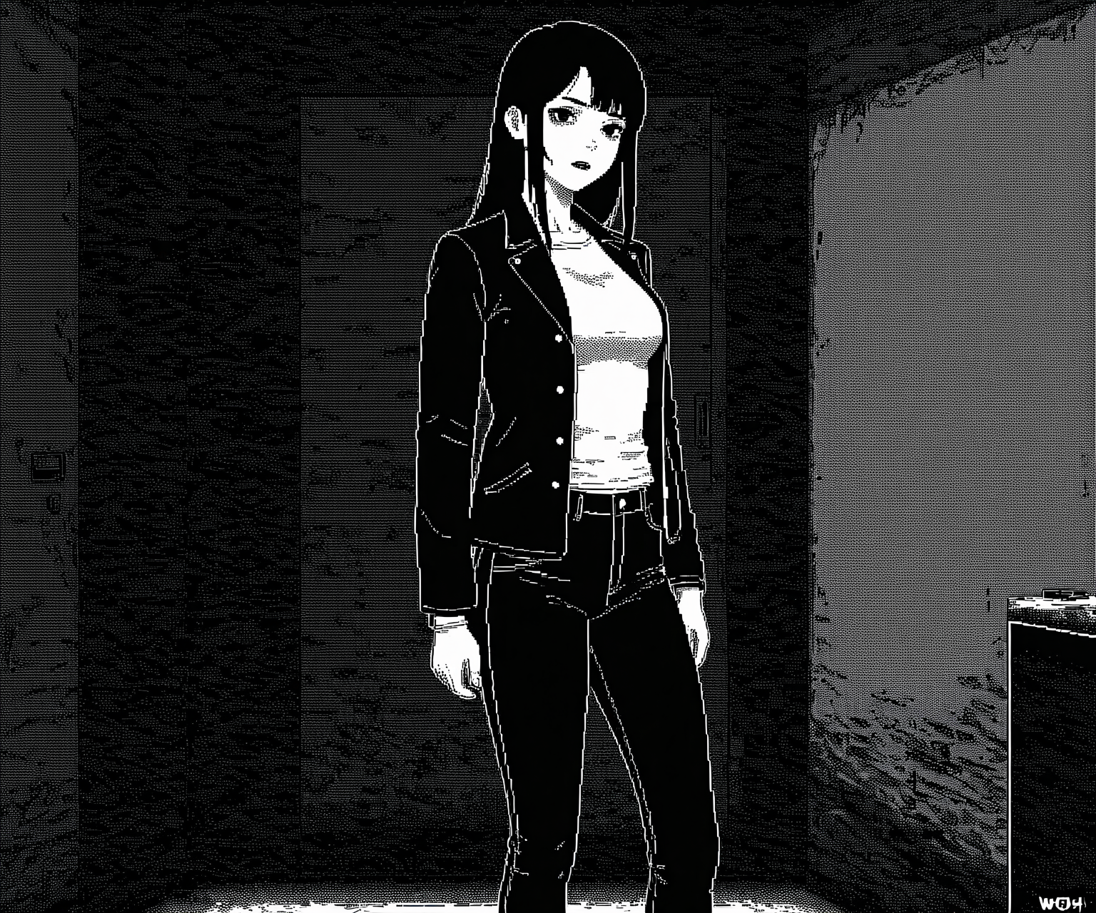 masterpiece, best quality, amazing quality,  1girl, solo, jacket, pants,  horror \(theme\), <lora:World of Horror style:1.2> WoH, pixel art, grayscale, monochrome
