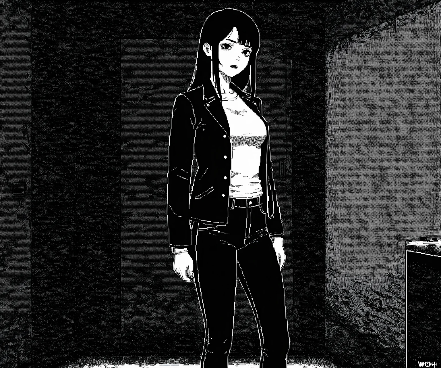 masterpiece, best quality, amazing quality, 1girl, solo, jacket, pants, horror \(theme\), <lora:World of Horror style:1.2> WoH, pixel art, grayscale, monochrome