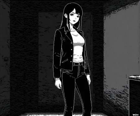 masterpiece, best quality, amazing quality, 1girl, solo, jacket, pants, horror \(theme\), <lora:World of Horror style:1.2> WoH, pixel art, grayscale, monochrome