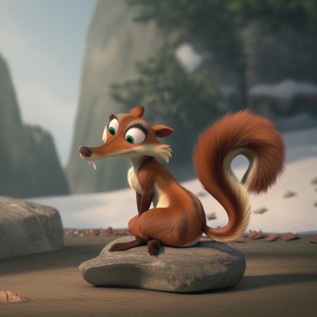 score_9, score_8_up, score_7_up, score_6_up, score_5_up, score_4_up, source_furry, Scrattedotd, semi-anthro, female, squirrel, orange-brown fur, green eyes, fangs, outside, sitting, on a rock, leaking back, crossed legs