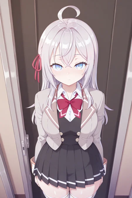 looking at viewer,facing viewer, front viewer<lora:Kaikoinu:0.8>kaikoistyle, <lora:alisa_mikhailovna_kujou_roshidere_s1-ixl-anime-soralz:1> alisa mikhailovna kujou (roshidere),long hair, silver hair,ahoge,crossed bangs,hair ribbon,red ribbon,sidelocks,blue eye,large breasts,school uniform, grey jacket, open jacket, long sleeves, red bowtie, white shirt, collared shirt, buttons, black vest, pleated skirt, white thighhighs, breasts,digital illustration,1girl, masterpiece, best quality,highres,
