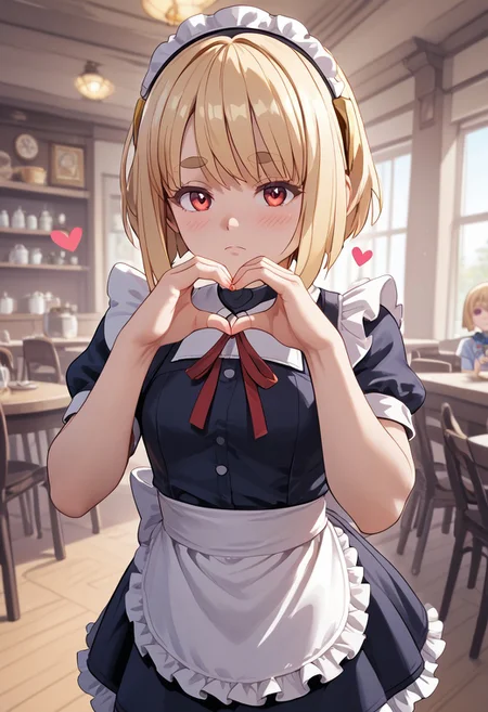 score_4,score_5,score_6,score_7_up,score_8_up,score_9 ((masterpiece,best quality,ultra detailed,highres,HD,4k:1.2)), 
1girl, solo,solo focus,girl focus,face focus,
Layla,blonde hair,bangs,short hair,bob cut,sidelocks,thick eyebrows,red eyes,petite,
Maid outfit,Sleeveless, maid headband, frilly apron,Short sleeves, short skirt, thighs,
inside the cafe, ((Make a heart symbol with both hands, heart with both hands,heart hands,heart symbol,heart,heart effect,)), 
blush,Expressionless,