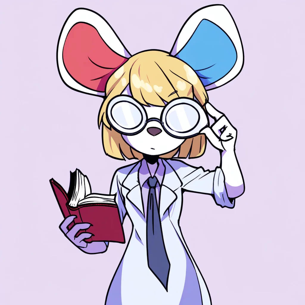 petri, mouse, white fur, blonde hair, red inner ear, blue inner ear, furry, female, solo, short hair, bangs, opaque eyewear, adjusting eyewear, holding books, simple background, labcoat, necktie