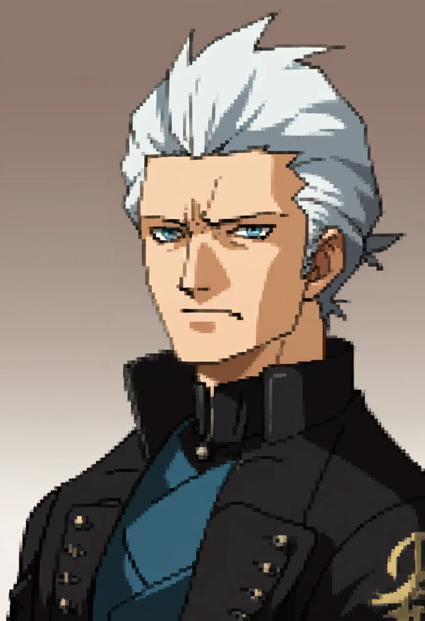 score_9, score_8_up, score_7_up, source_anime, BREAK ,solo, 1boy, <lora:P2-Protraits-pdxl_Fp:1>, portrait, simple background, <lora:dmc5_vergil_ponyXL:1>, dmc5vergil, black coat, fingerless gloves, white hair, blue eyes,