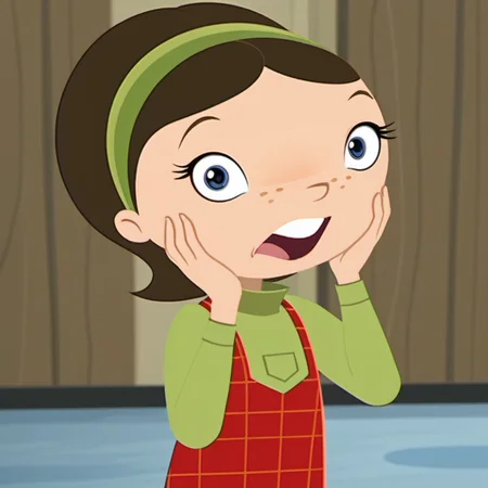 score_9, solo, 1girl, wwl1, blue eyes, open mouth, looking at viewer, freckles, brown hair, dress, turtleneck, shocked, short hair, child, green hairband, hands on face, retro artstyle, backyard, <lora:wwl1-000009:1>,