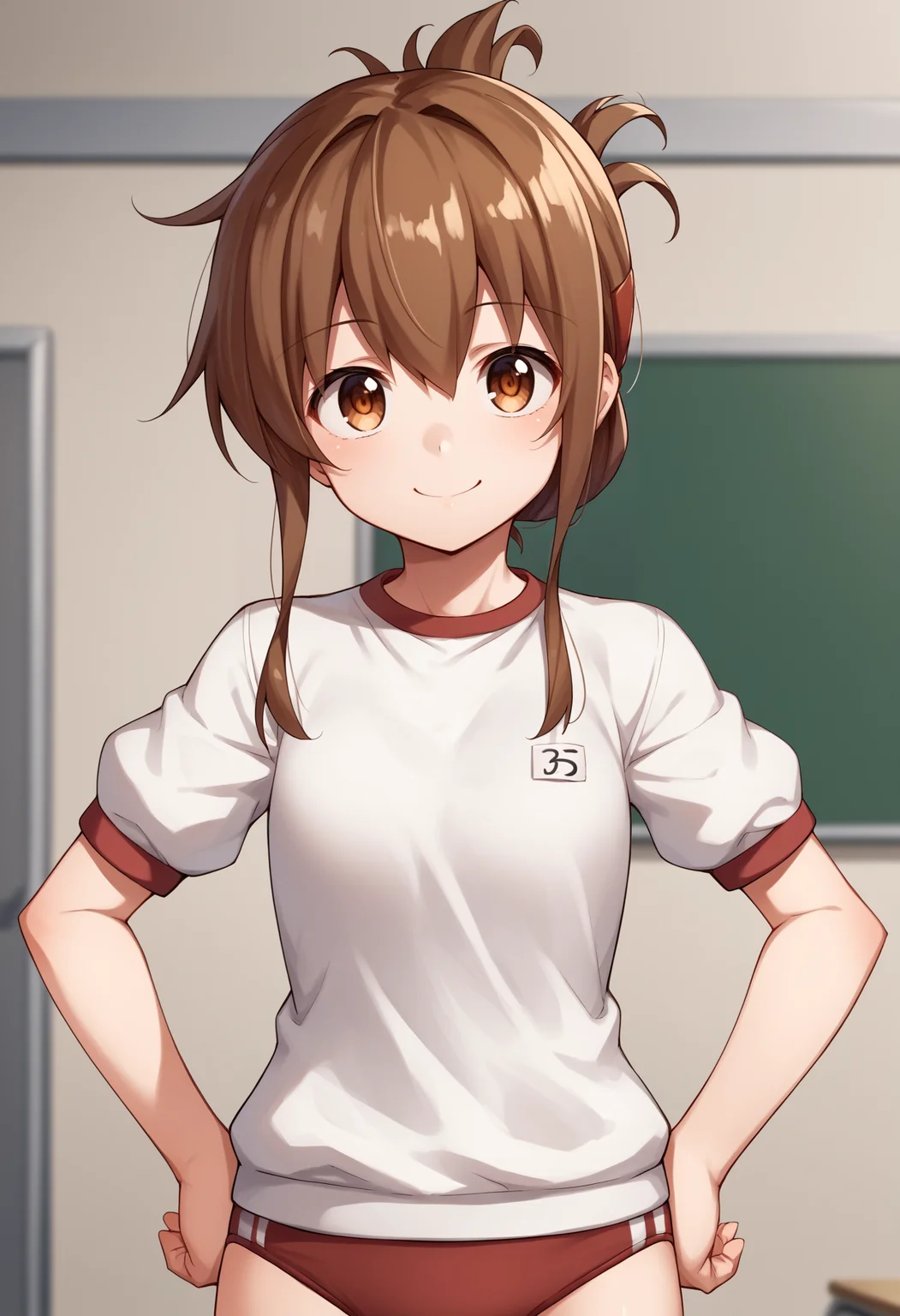 score_9, score_8_up, score_7_up, score_6_up, score_5_up, score_4_up, BREAK, source_anime,
1girl, inazuma \(kancolle\), brown hair, folded ponytail, long hair, brown eyes,
gym uniform, white shirt, red buruma,
smile, hands on hips, standing, solo, looking at viewer, indoors, classroom background  <lora:InazumaXL:1>