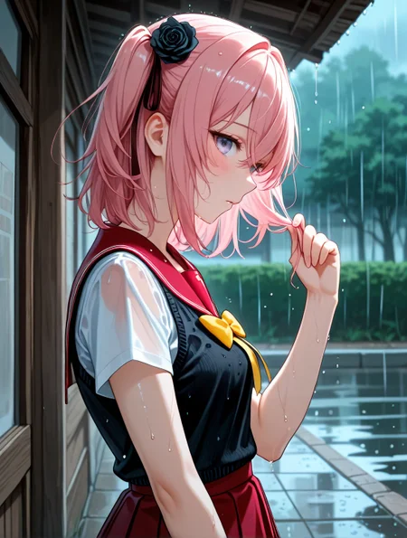 general, very awa, masterpiece, best quality, highres, absurdres, , ,eyesHD, high gradient eyes, detailed eyes, high definition eyes, 1girl, inui_sajuna, red sailor collar, solo, rain, skirt, black flower, pink hair, school uniform, red skirt, sailor collar, thighhighs, black rose, wet, flower, blurry background, hair ornament, white shirt, shirt, pleated skirt, long hair, outdoors, wet clothes, short sleeves, sweater vest, hair flower, bow, blush, black thighhighs, blurry, hair between eyes, yellow bow, looking at viewer, black sweater vest, serafuku, wet hair, wet shirt, rose, parted lips, grey eyes, hands up, standing, holding, depth of field, zettai ryouiki, breasts, collarbone, day, brown bow, small breasts, vest, two side up, crossed bangs, purple eyes, cowboy shot, one side up, closed mouth, holding hair