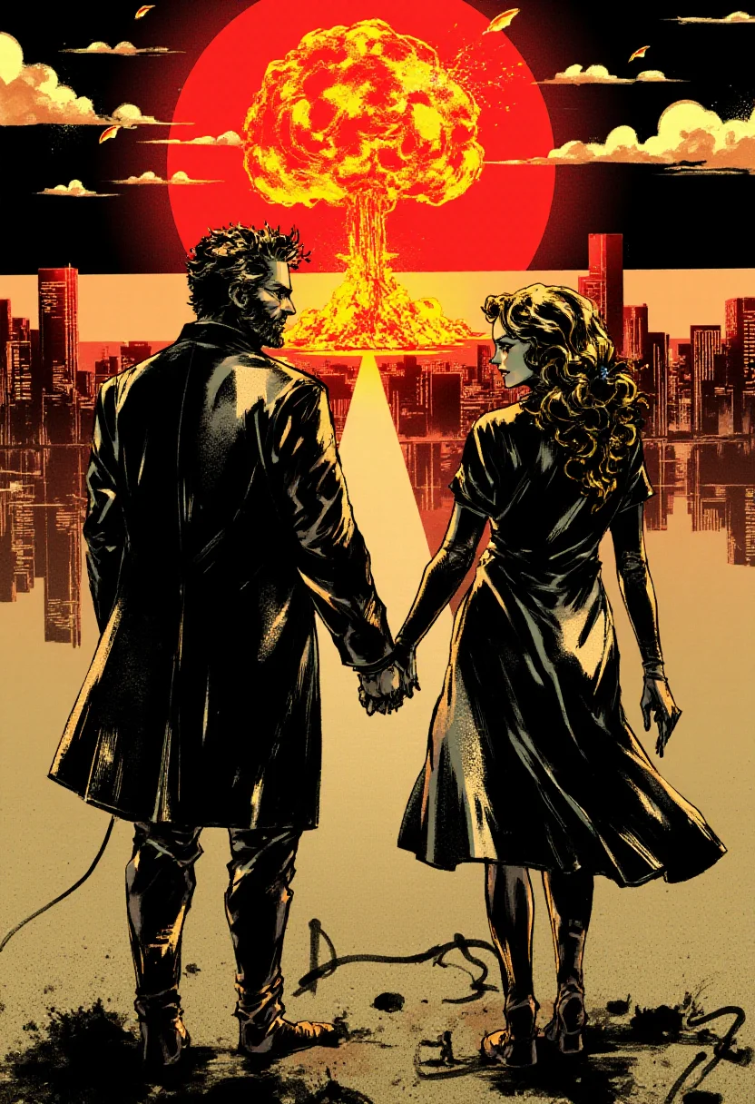 <lora:Yoji_Shinkawa_Style_FLUX-000012:0.9>
This is a digital illustration in a manga-inspired, dark, and gritty yshinkawa style. The artwork features A man and a woman holding hands, with a nuclear mushroom cloud in the city background