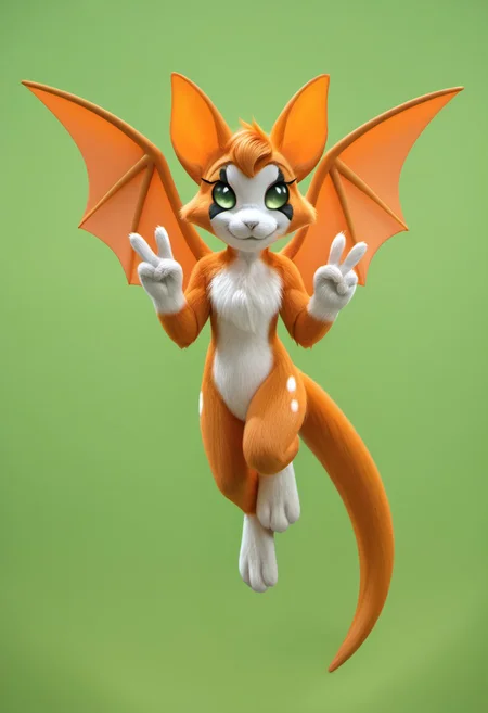 score_9, score_8, score_7, source_furry, source_cartoon, detailed face, detailed eyes, incredible detail, full body, rating_safe BREAK 1girl, solo, furry female, fidget_daet, green eyes, colored sclera, nimbat, wings, tail, v, double v, looking at viewer, close_up, flying, simple background, green background
