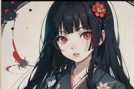 enma ai, hair down, hair black, bangs, eyes red, masterpiece, best quality, ultra-detailed, illustration, 1girl, solo, highres, photorealistic, ultra high res, (Original illustration composition), (fusion of limited color, Maximalism artstyle, kimono obi fashion, double exposure, background, illustration, Amazing, lily spider, night darkness, open one's mouth, flowers red, Movie poster, sitting
