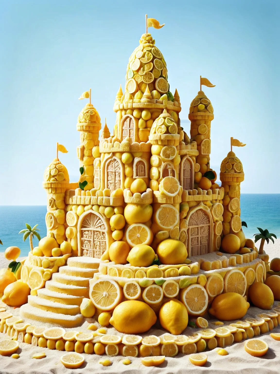 An ais-lmnsgr sandcastle sculpted into an elaborate, citrus-themed palace <lora:ais-lmnsgr-sdxl:1>
