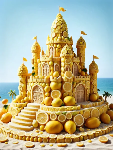 An ais-lmnsgr sandcastle sculpted into an elaborate, citrus-themed palace <lora:ais-lmnsgr-sdxl:1>